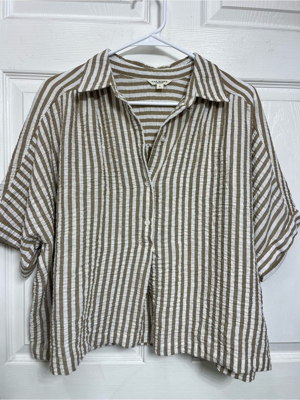 Max Studio Beige and White Striped Button-Down Top